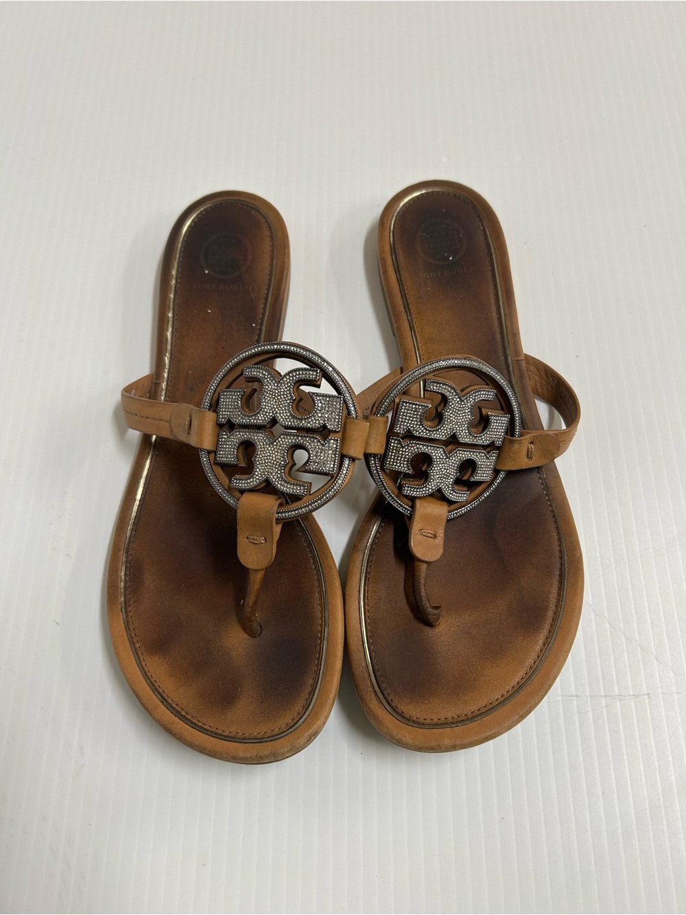 Tory Burch Rhinestone Crystals Miller Sandals Size 9 Brown Leather